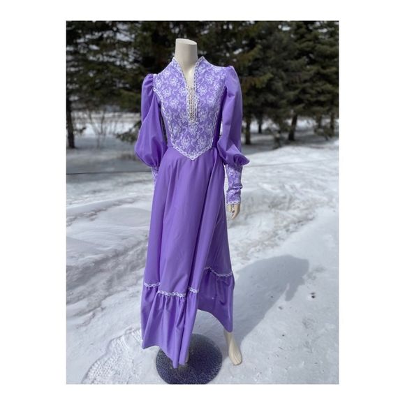 Vintage 70s Prairie Style Maxi Dress Lilac Lace Cottagecore Farmcore M - Picture 9 of 15